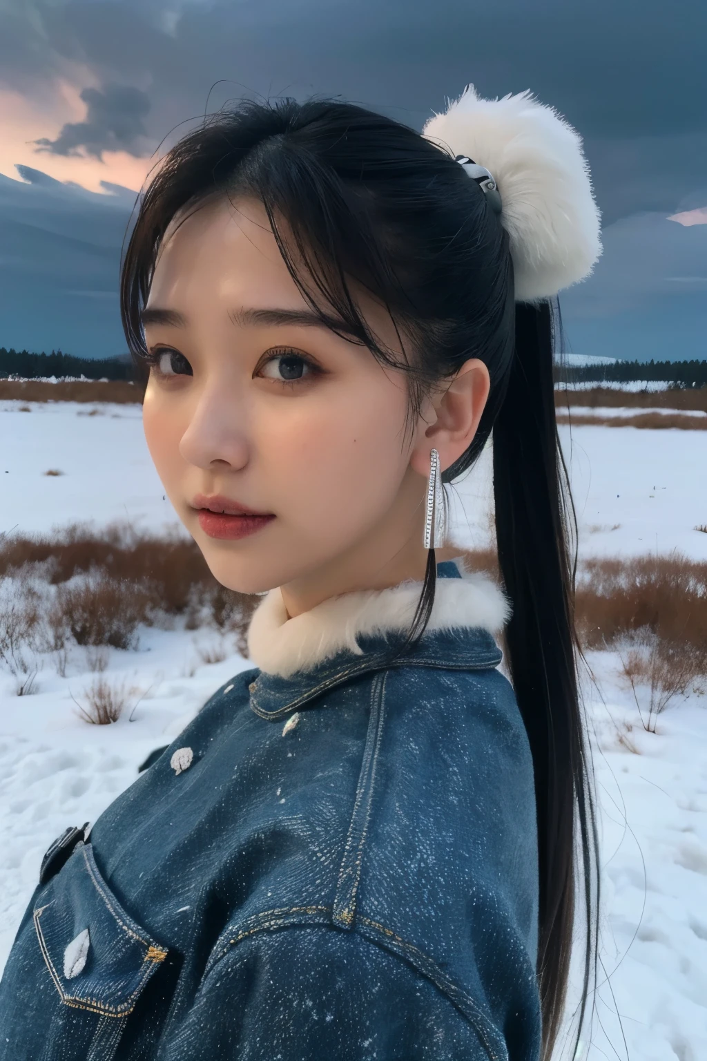 1 girl, (jeans:1.2), beautiful japanese actress, 
photogenic, Yukihime, long eyelashes, snowflake earrings,
(Raw photo, best quality), (Reality, photorealistic:1.4), (muste piece), 
beautiful detailed eyes, beautiful detailed lips, highly detailed eyes and face, 
BREAK is
 (Frozen snow field in winter Lapland), (The last vestiges of the twilight sky:1.4), 
ethereal beauty, swirling snowflakes, snow covered tree, powder snow, snow-capped mountain, 
Snowy field landscape at dusk, 
Indigo and dark vermilion color scheme, dramatic writing, fantastic atmosphere, 
BREAK is 
Perfect Anatomy, whole body slender, small breasts, (High ponytail:1.3), angel&#39;s smile, 
crystal-like skin, make eyes clear, catch light