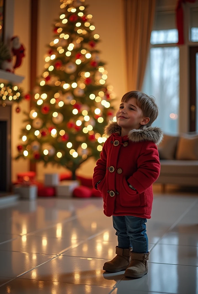 One Boy, Big gift in hand, Full body photo, Interior background, Blonde hair, ultra realist, Cinematic lighting, eye level shot, Canon, Wide-Angle, Ultra HDR, Masterpiece, ccurate, high - resolution, Best quality, Super detail, high-detail