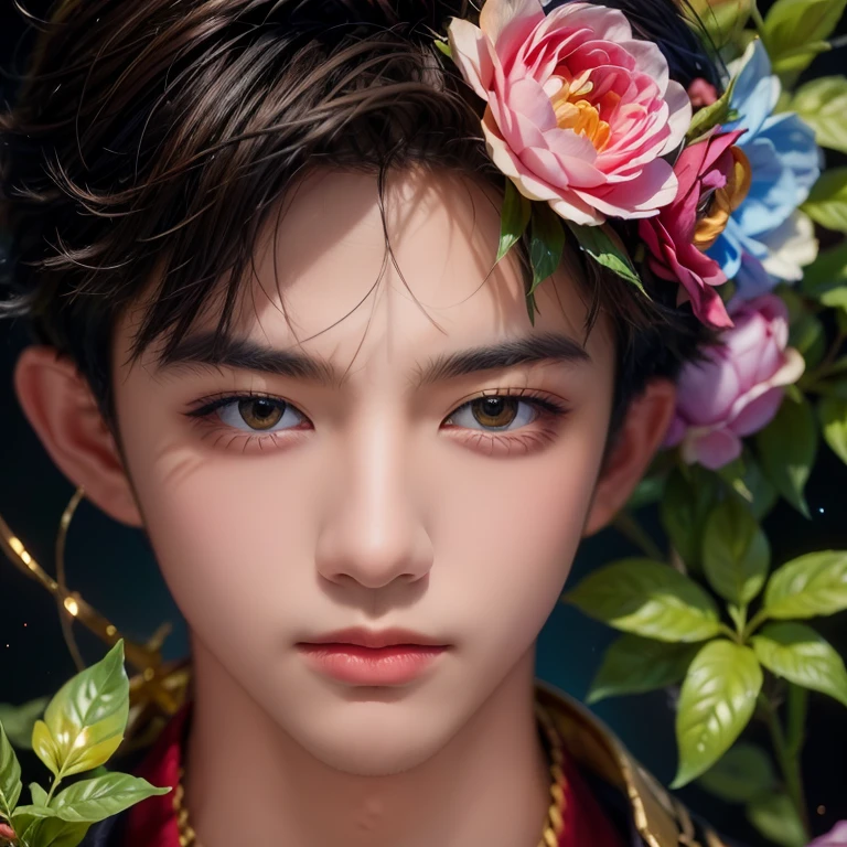  1 boy,  masterpiece ,   High quality ,  top quality  ,  official art  ,  beautiful and aesthetic ,  1 boy ,  very detailed ,flowers,  fractal art  , Colorful ,  highest detail 