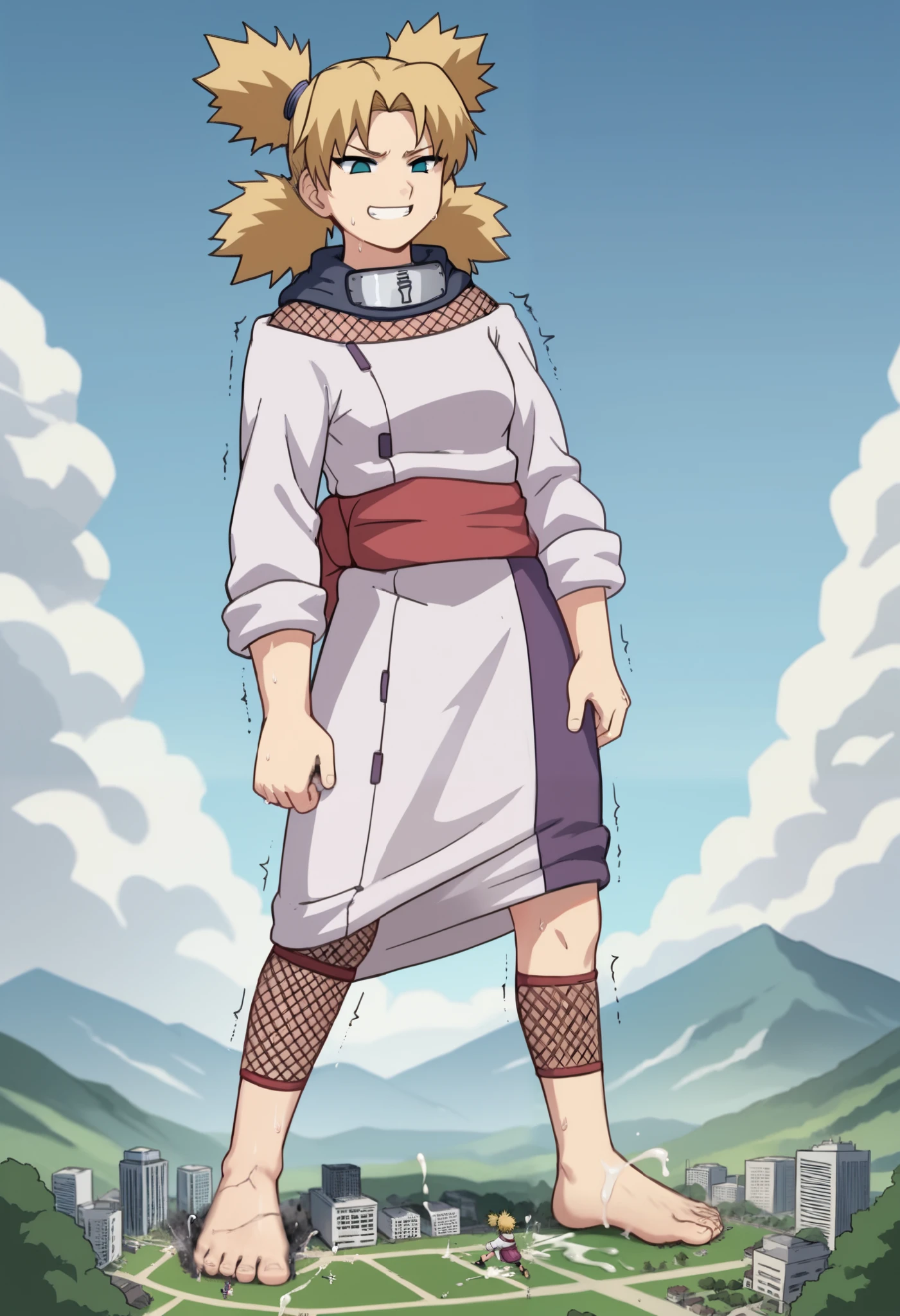 easynegative, safe_pos,score_9,score_8_up,score_7_up,score_6_up,source_anime, Giantess, macro, very sweaty, bigger than island, barefoot, Landscape, cityscape, smug expression, devious grin, temari, bangs, blonde hair, quad tails, blue eyes,long sleeves, fishnets, sleeves rolled up, forehead protector, sleeves pushed up, sleeves past elbows, sash, dress, purple dress, 1girl, medium cock, testicles, erect penis, cum, Veined cock, Wrinkled testicles, female body, full body, skinny, erect dick, masturbation, building destruction, cracked building, cum on the city, trembling, motion lines,