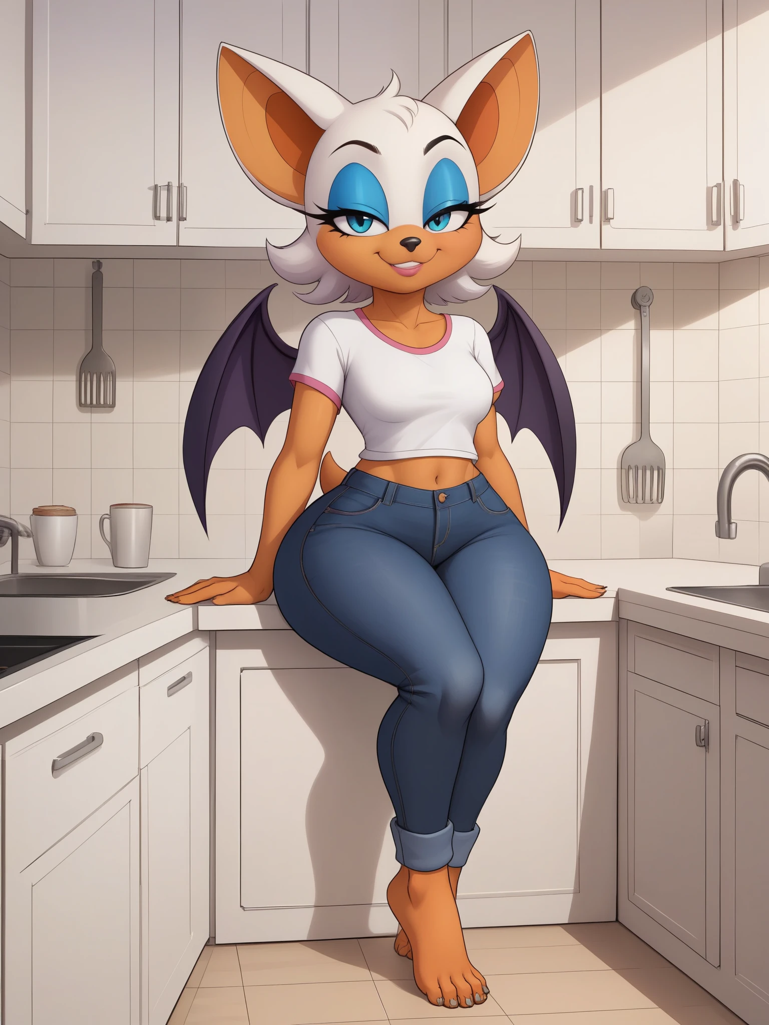 [Rouge the bat], ((furry)), ((solo portrait)),((full body)), ((feet visible)), ((detailed fur)),  ((intricate details)), {anthro, (white fur), (orange skin), black nose, bat ears, cute blue eyes, (half-closed eyes), (blue eyeshadow), short tail, small saggy breasts,. (huge hips), (beautiful legs), (smug smirk)}, jeans, tshirt. kitchen. sitting