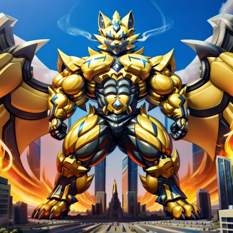 General Details
(1) Quality: Masterpiece, official art, 8K resolution, best quality, detailed full body.

Situation : Dominating Scene
(1) Zeraora, a colossal mechanical and muscular figure, tramples a city. Smoke and flames rise from a ruined city.
(2) Focus: Immense size, low-angle perspective emphasizing power and majesty.
(3) Scale: Towering over skyscrapers, depicted with macro-level details and a stomping action.

Appearance Details
(1) Expression: Arrogant smirk at the corner of the mouth.
(2) Musculature: Hyper-developed muscles (pecs, traps, abs, and limbs) with exaggerated size and definition. Encased in an extra latex muscle suit.
(3) Armor: High-tech armor matching Zeraora’s design, layered over the latex muscle suit.
(4) Features: Large golden wings, sharp claws, sharp teeth, and five toes.