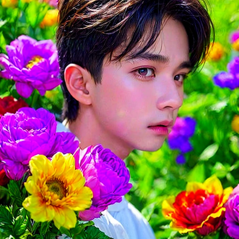  1 boy,  masterpiece ,   High quality ,  top quality  ,  official art  ,  beautiful and aesthetic ,  1 boy ,  very detailed ,flowers,  fractal art  , Colorful ,  highest detail 