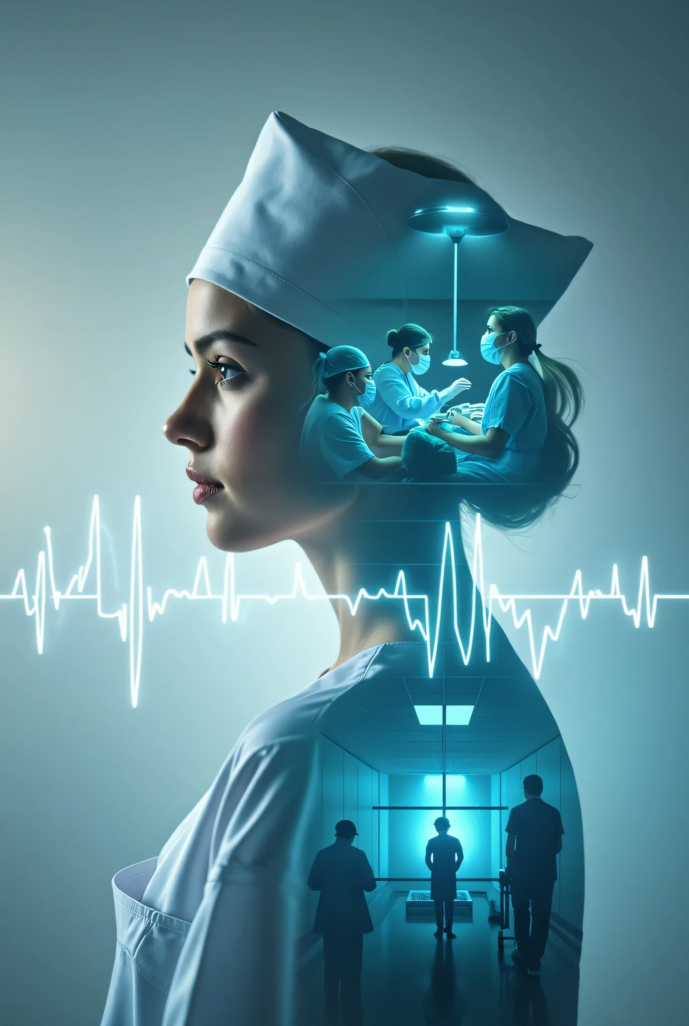 A cinematic poster of a healthcare worker wearing a Nurse and nurse cap, with a double exposure effect showing scenes of medical care and human compassion. The background features an abstract heartbeat line glowing in blue, connecting various moments: a nurses mens, and nurses womansr performing surgery, a patient being comforted, and medical staff rushing with a stretcher in a hospital hallway. The composition is dramatic and emotional, with cool tones of blue and white dominating the scene, creating a professional yet heartfelt atmosphere"