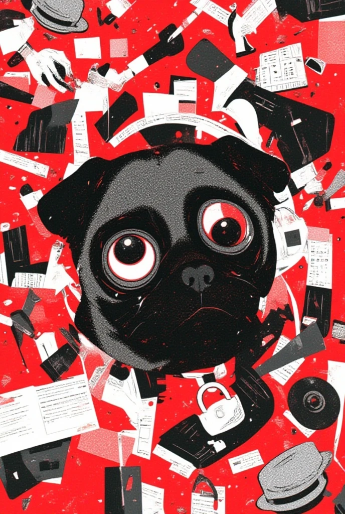   The pug with the face of lovepog says「POW WOW」,Black,White,red,Surreal collage,a contemporary artistic collage,collage artwork, New Album Cover , Great Job !! ,digital collage、(collage ),collage art,contemporary collage,mixed media collage, Surreal +      is high definition , Surreal style, convertible、    Call it the Inner World of the Autism Spectrum, see here ,bone,cigarette,Lock, Dog Food ,pop collage,pop art