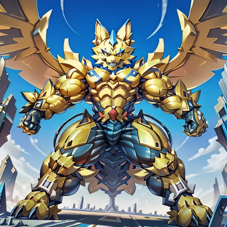 General Details
(1) Quality: Masterpiece, official art, 8K resolution, best quality, detailed full body.

Situation : Dominating Scene
(1) Zeraora, a colossal mechanical and muscular figure, tramples a city. Smoke and flames rise from a ruined city.
(2) Focus: Immense size, low-angle perspective emphasizing power and majesty.
(3) Scale: Towering over skyscrapers, depicted with macro-level details and a stomping action.

Appearance Details
(1) Expression: Arrogant smirk at the corner of the mouth.
(2) Musculature: Hyper-developed muscles (pecs, traps, abs, and limbs) with exaggerated size and definition. Encased in an extra latex muscle suit.
(3) Armor: High-tech armor matching Zeraora’s design, layered over the latex muscle suit.
(4) Features: Large golden wings, sharp claws, sharp teeth, and five toes.