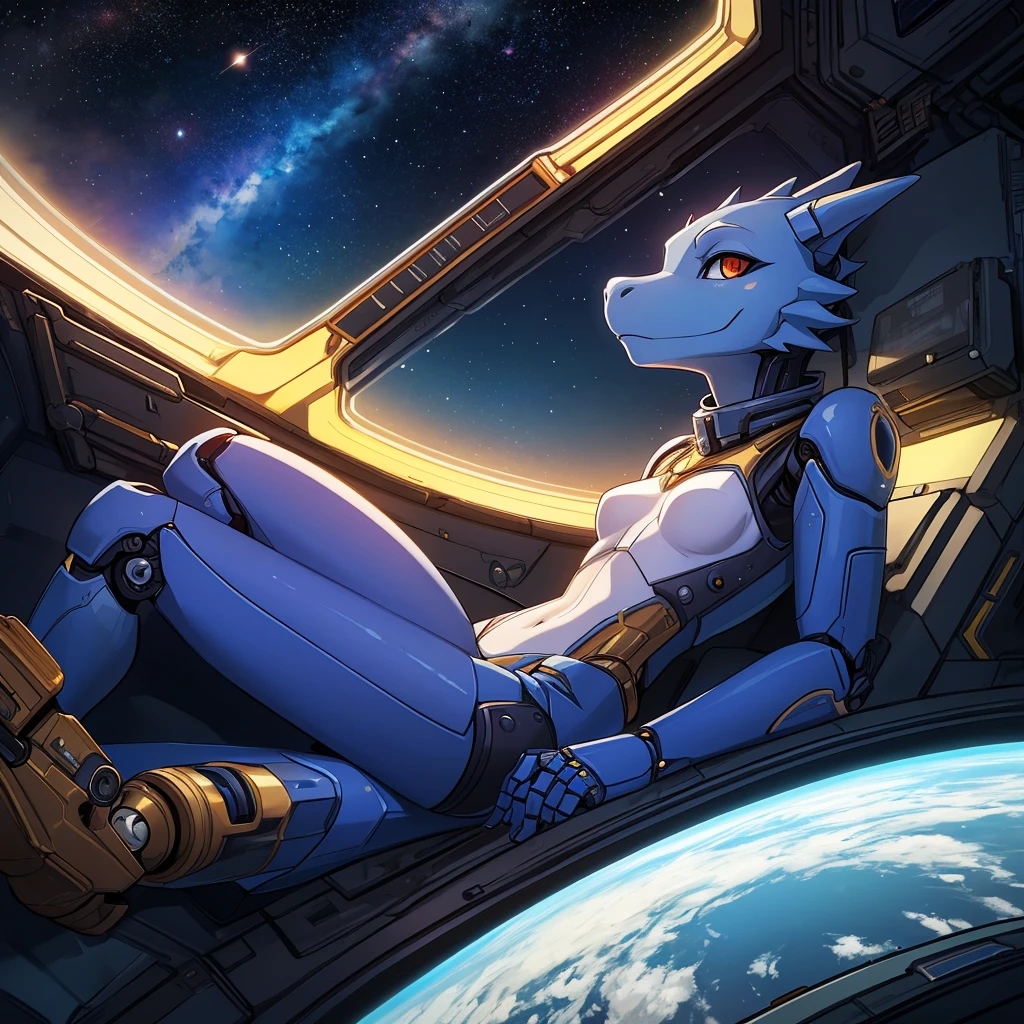 {guilmon}, (crusch_lulu), \(digimon\), (By Slugbox), (By Shikaro), (by Asaneman), (white_body), (female), (Feminine_small breasts), , thick thighs, (laying down), raised legs, normal_tail, seductive, digitigrade_legs, (Perfect_eyes), long_eyelashes, sexy, 1080p, (best quality), (masterpiece) naked, nude, detailed breasts, detailed vagina, pink nipples, inside science fiction themed bedroom.