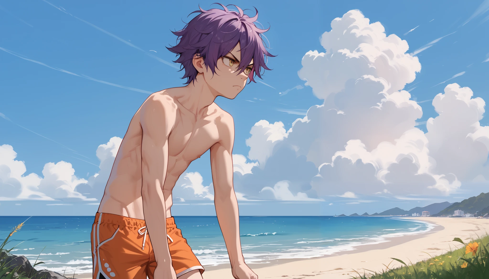 score_9_up, score_8_up, score_7_up, 1boy, solo, source_anime, young man, ((sfw, rating: general)) BREAK
Purple hair, messy hair, short hair BREAK yellow eyes, hair between eyes BREAK
Male swimwear, orange shorts, shirtless BREAK
Glaring face, closed mouth, looking away, standing BREAK
Outdoors, seaside, grass, blue sky BREAK