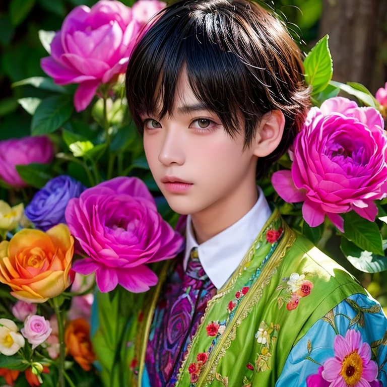  1 boy,  masterpiece ,   High quality ,  top quality  ,  official art  ,  beautiful and aesthetic ,  1 boy ,  very detailed ,flowers,  fractal art  , Colorful ,  highest detail 