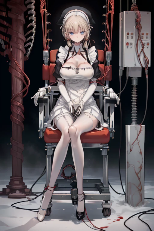 Redhead anime girl tied with rope, cables on her body, shibari, Rope bondage,tied with chair, with wires and bandages, intertwined full body view, dominating pose, detailed legs looming over you,Be red in the face