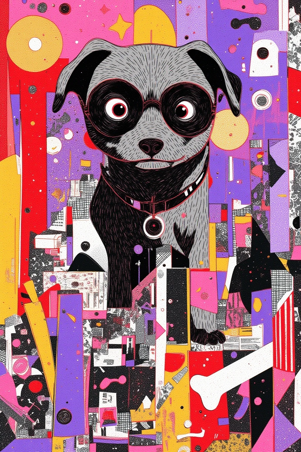   The pug with the face of lovepog says「POW WOW」,Black,White,red,Surreal collage,a contemporary artistic collage,collage artwork, New Album Cover , Great Job !! ,digital collage、(collage ),collage art,contemporary collage,mixed media collage, Surreal +      is high definition , Surreal style, convertible、    Call it the Inner World of the Autism Spectrum, see here ,bone,cigarette,Lock, Dog Food ,pop collage,pop art