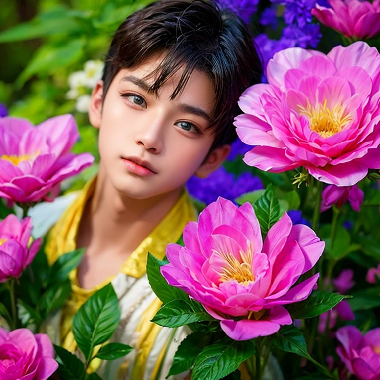  1 boy,  masterpiece ,   High quality ,  top quality  ,  official art  ,  beautiful and aesthetic ,  1 boy ,  very detailed ,flowers,  fractal art  , Colorful ,  highest detail 