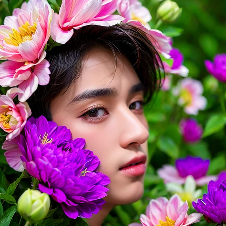  1 boy,  masterpiece ,   High quality ,  top quality  ,  official art  ,  beautiful and aesthetic ,  1 boy ,  very detailed ,flowers,  fractal art  , Colorful ,  highest detail 