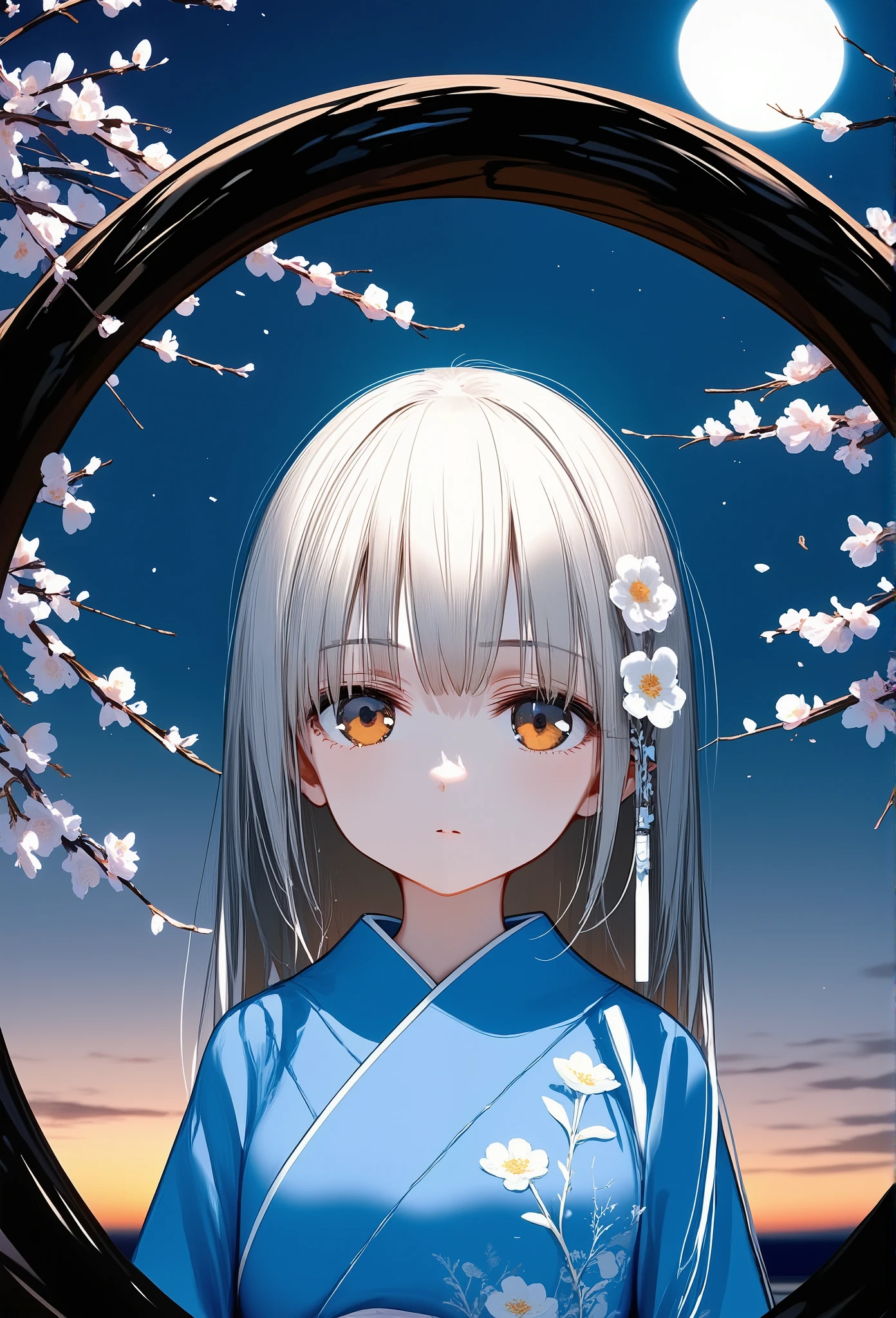 Surrealism,Charcoal Drawing,best quality,highly detailed,1girl,chibi,trk,wearing blue kimono,sakura flower patterns,flower hair ornament,calm expression,night sky background,full moon,round frame,cherry blossoms,soft lighting,romantic atmosphere,intricate design