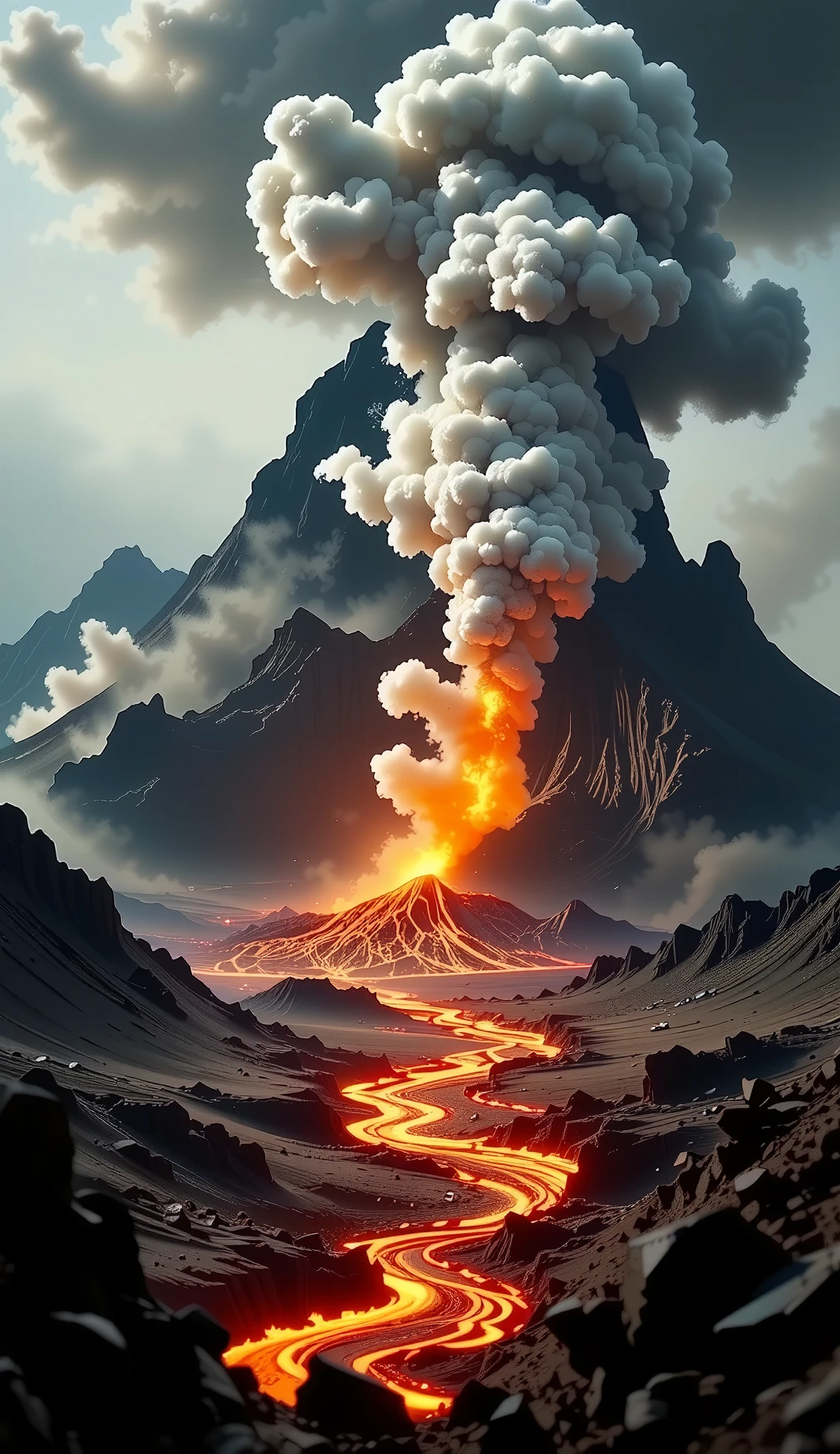 cielo ennegrecido, epic volcanic eruption, dramatic landscape, fiery lava flows, molten rock, billowing smoke plumes, ash-filled sky, glowing orange magma, towering volcanic peaks, rugged terrain, dynamic motion blur, cinematic lighting, hyper-realistic, highly detailed, 8k, ultra-detailed, (best quality, 4k, 8k, highres, masterpiece:1.2), ultra-detailed, (realistic, photorealistic, photo-realistic:1.37), dramatic, cinematic, moody, epic scale, awe-inspiring, intense colors, vibrant palette, dynamic angles, dramatic composition