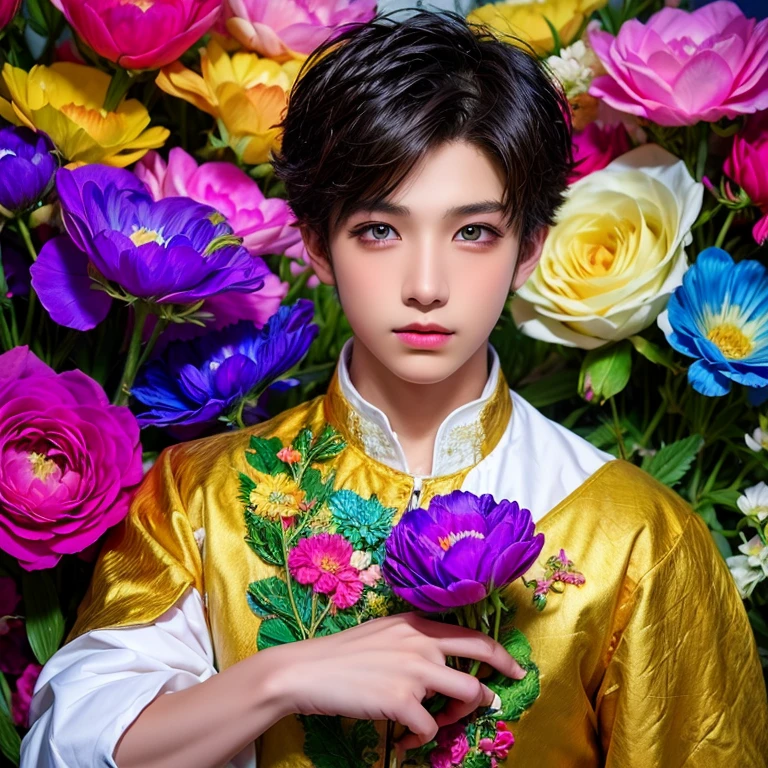  1 boy,  masterpiece ,   High quality ,  top quality  ,  official art  ,  beautiful and aesthetic ,  1 boy ,  very detailed ,flowers,  fractal art  , Colorful ,  highest detail 