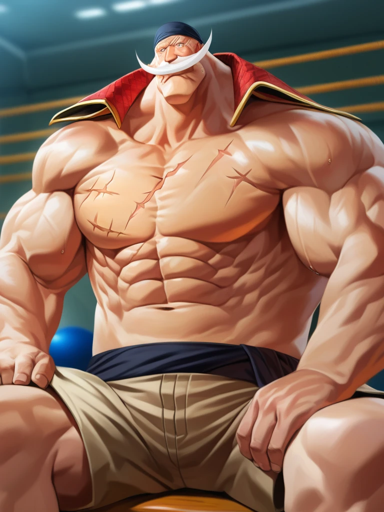 solo, 1boy, Muscular Old man, wide shoulder, shiohige, mustache, chest scar, bandana, pectoral, thick arms, huge pectoral, look at viewer, wide pectoral, sitting on gym, detailed eyes, shorts, sweat, shirtless, masterpiece, semirealistic:1.2, high detailed, 8k, high resolution