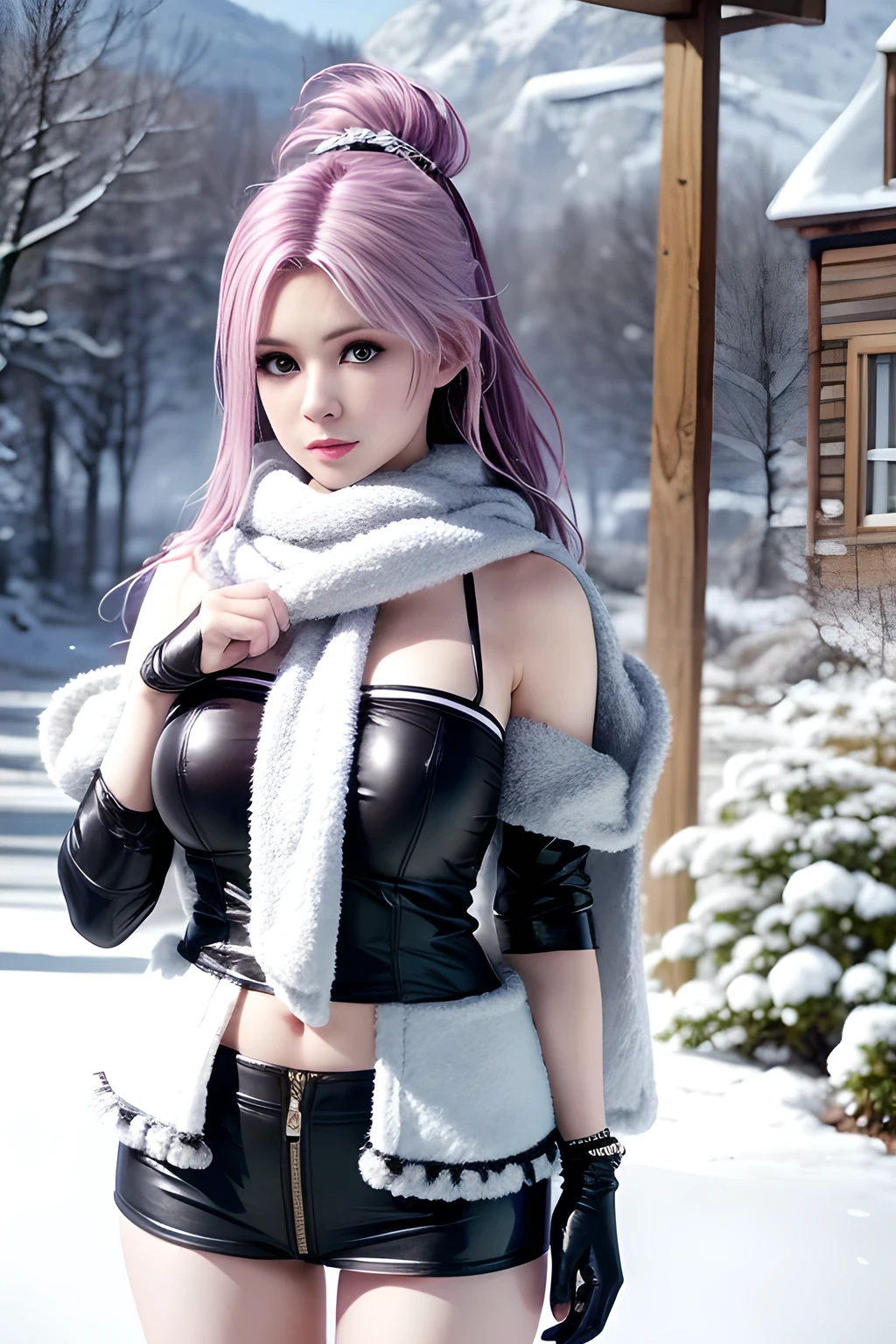 the best piece,Artistically beautiful,lightning,final fantasy 13,FF1 pink blonde,Beautiful pink hair,medium hair, curly hair on one side, Letting your bangs fall,beautiful blue eyes,gothic dresses,photorealistic,Ultra-high image quality,high quality,masterpiece,Digital SLR Cameras,Detailed details,intricate details,Based on anatomical foundations.,represented in detail,detailed face,realistic skin textures,vivid details,perfect anatomy,perfect anatomy,anatomically correct hand,Anatomically correct fingers,Super detail,Complex 3D rendering,Colossal ,pose sexy,Long white gold sequin dress studded with silver,white gold rose hat,white fur coat,gift tape,More about neon colors,Put it in a nice photo frame and show it off..,blue nails,Beautiful sunset,clear and cold sky,Fantastic sunset,beautiful christmas landscape,mysterious snow scene,It&#39;s snowing,hermosa lightning,Christmas tree,Picturesque beauty,Photograph the entire body,9 head body,pink lip,Luxurious necklace,emphasize the beautiful whole body,Nice nails,black slavery,Beautiful fiery rose,High Leg T-Back, looking back,