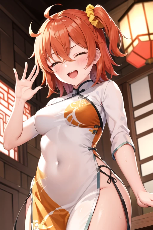 Fujimaru Ritsuka,short hair,orange hair,ahoge,one side up,hair between eyes,bangs,hair scrunchie,yellow scrunchie,yellow eyes,medium breasts,
((chinese clothes)),
1girl,(is so happy,big blush,one eye closed,waving at viewer:1.0),sweat,
(from below:1.2),
(China restaurant background:1.0),clothed