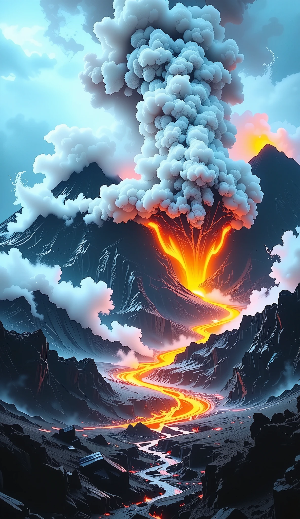 cielo ennegrecido, epic volcanic eruption, dramatic landscape, fiery lava flows, molten rock, billowing smoke plumes, ash-filled sky, glowing orange magma, towering volcanic peaks, rugged terrain, dynamic motion blur, cinematic lighting, hyper-realistic, highly detailed, 8k, ultra-detailed, (best quality, 4k, 8k, highres, masterpiece:1.2), ultra-detailed, (realistic, photorealistic, photo-realistic:1.37), dramatic, cinematic, moody, epic scale, awe-inspiring, intense colors, vibrant palette, dynamic angles, dramatic composition