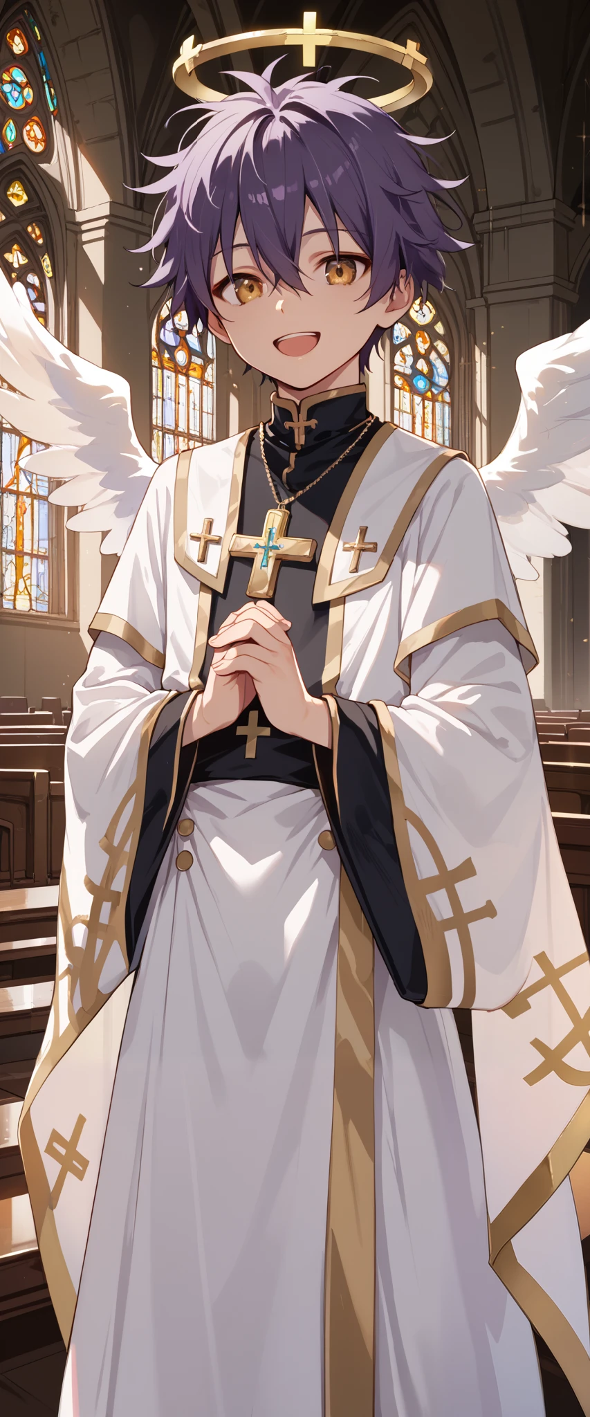 score_9_up, score_8_up, score_7_up, 1boy, solo, source_anime, young man, ((sfw, rating: general)) BREAK
Purple hair, messy hair, short hair BREAK yellow eyes, hair between eyes BREAK
White outfit, gold trim, priest, halo, angel wings, feathered wings BREAK
Open mouth, smile, looking at viewer, standing, indoors, church, daytime BREAK sky