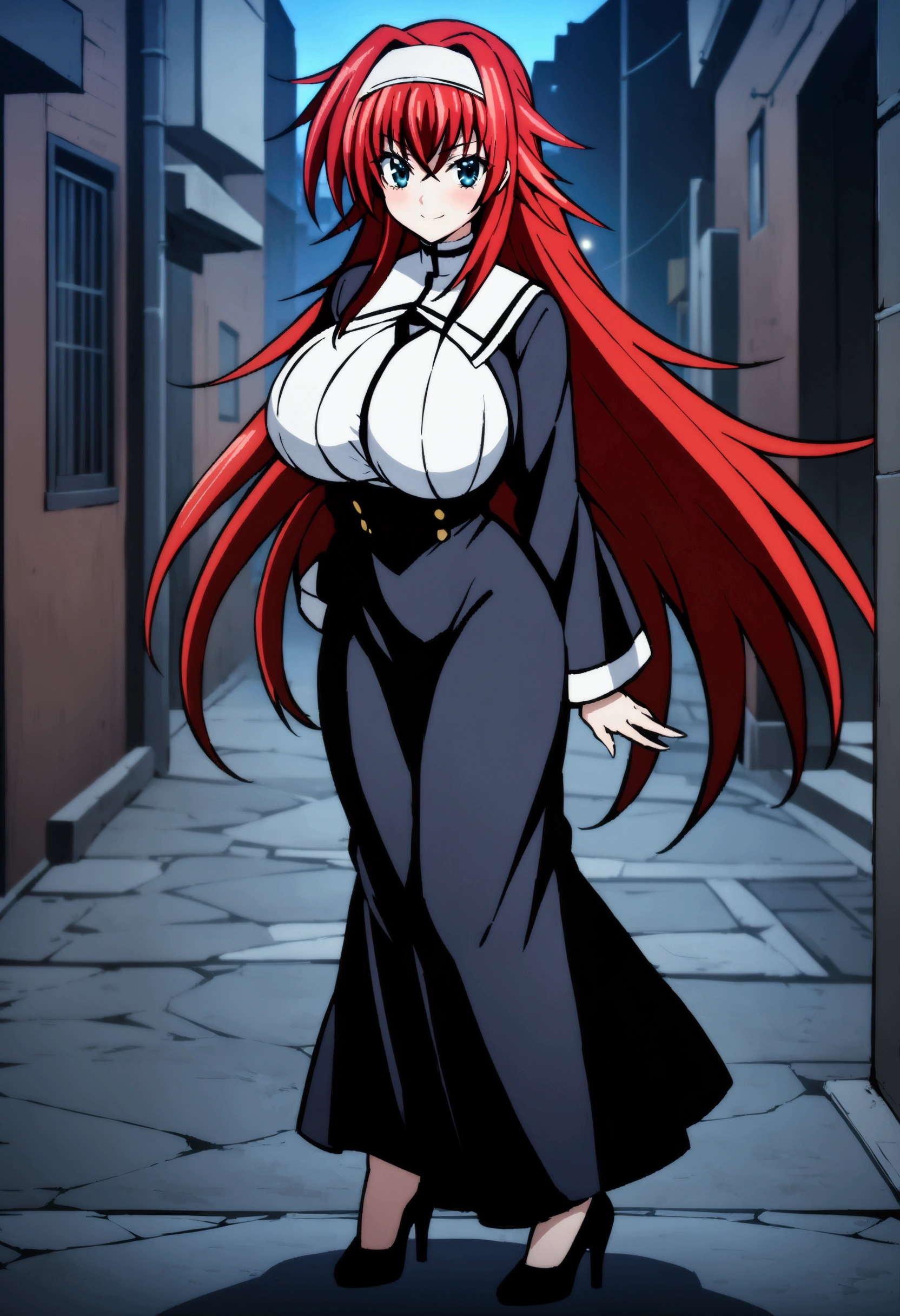 masterpiece, best quality, 4k, ultra detailed, rias gremory, long crimson hair, blue eyes, perfect face, delicate face, huge breasts, huge ass, looking at viewer, smiling, blushed, blue nun cosplay, nun habit, high heels, visible bangs, full body, dusk, street alley, nightime, modern anime style, manga style, soft illumination