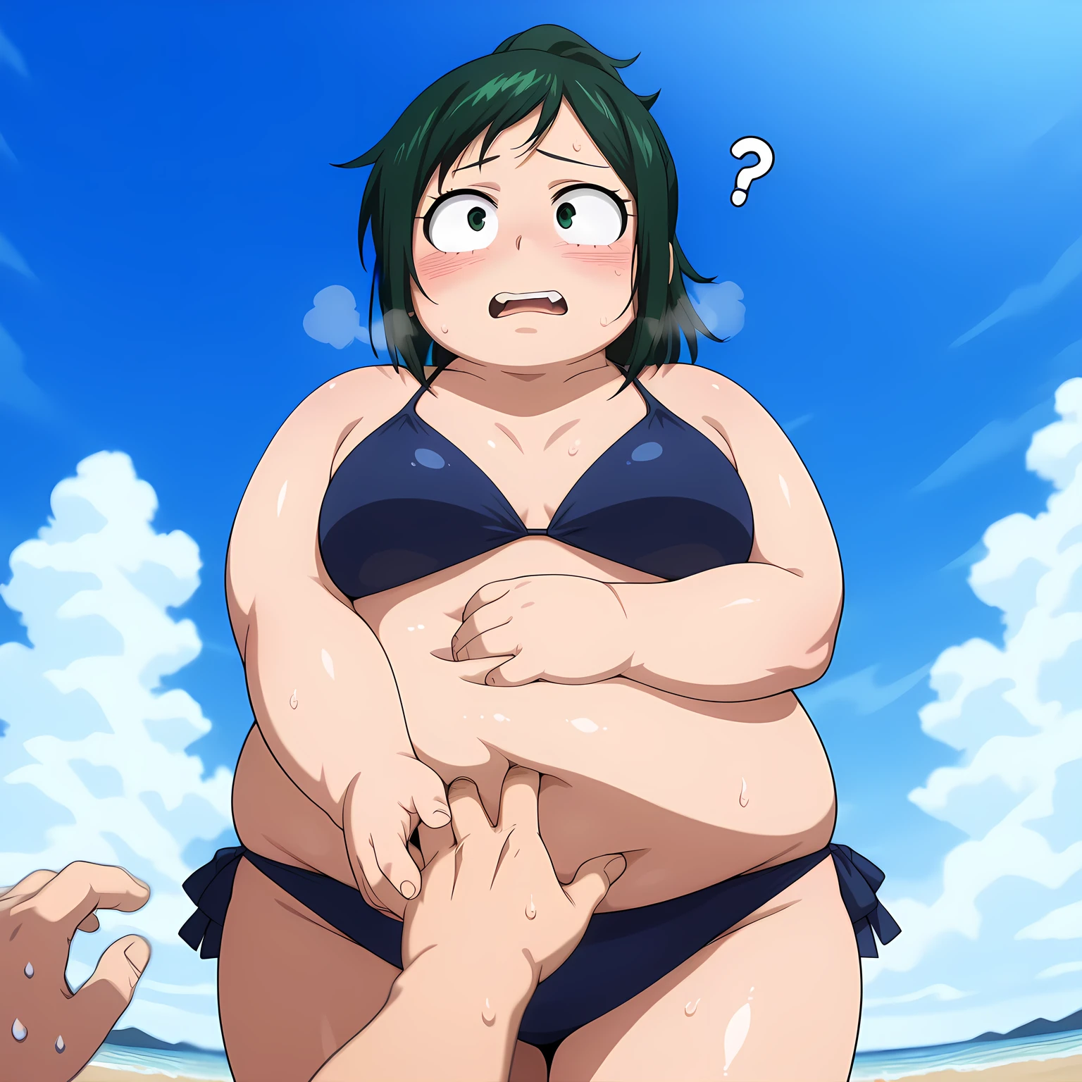 1girl,solo,mm,mature female,plump,green hair,green eyes,ponytail,anime coloring,
bikini,cowboy shot, hand on own arm, wet,embarrassed, beach,outdoors,summer
,masterpiece,best quality,amazing quality,bulging belly, fat, chubby, obese, open mouth, out of breath, absurdres, highres icon, rating:General, confused, blush, {flustered}, nervous sweating, portrait, pov hands, hand on another's belly, averting eyes, [looking away], straight-on, from below, swollen face, masterpiece, best quality, ultra-detailed, high resolution, 8K, 