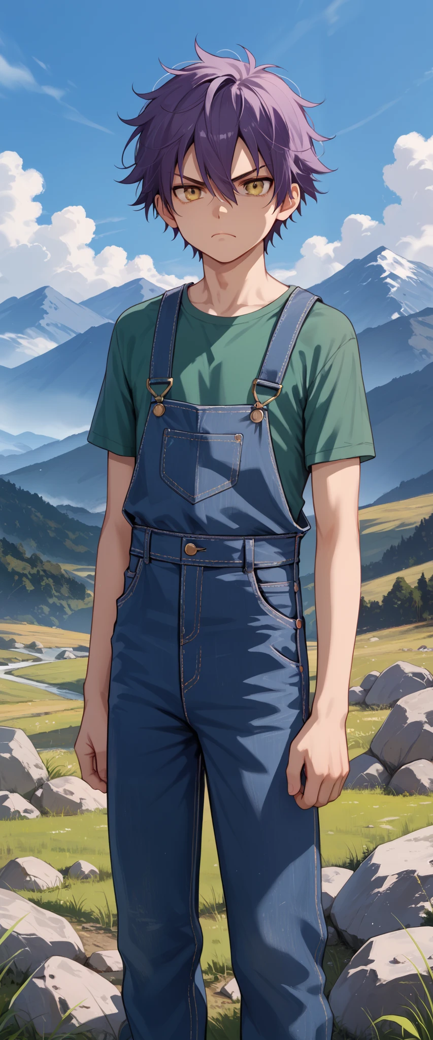 score_9_up, score_8_up, score_7_up, 1boy, solo, source_anime, young man, ((sfw, rating: general)) BREAK

Purple hair, messy hair, short hair BREAK yellow eyes, hair between eyes BREAK 

Green shirt, short sleeves, overalls BREAK 

Glaring face, closed mouth, looking at viewer, standing BREAK 

Outdoors, grass, mountains, rocks, blue sky 