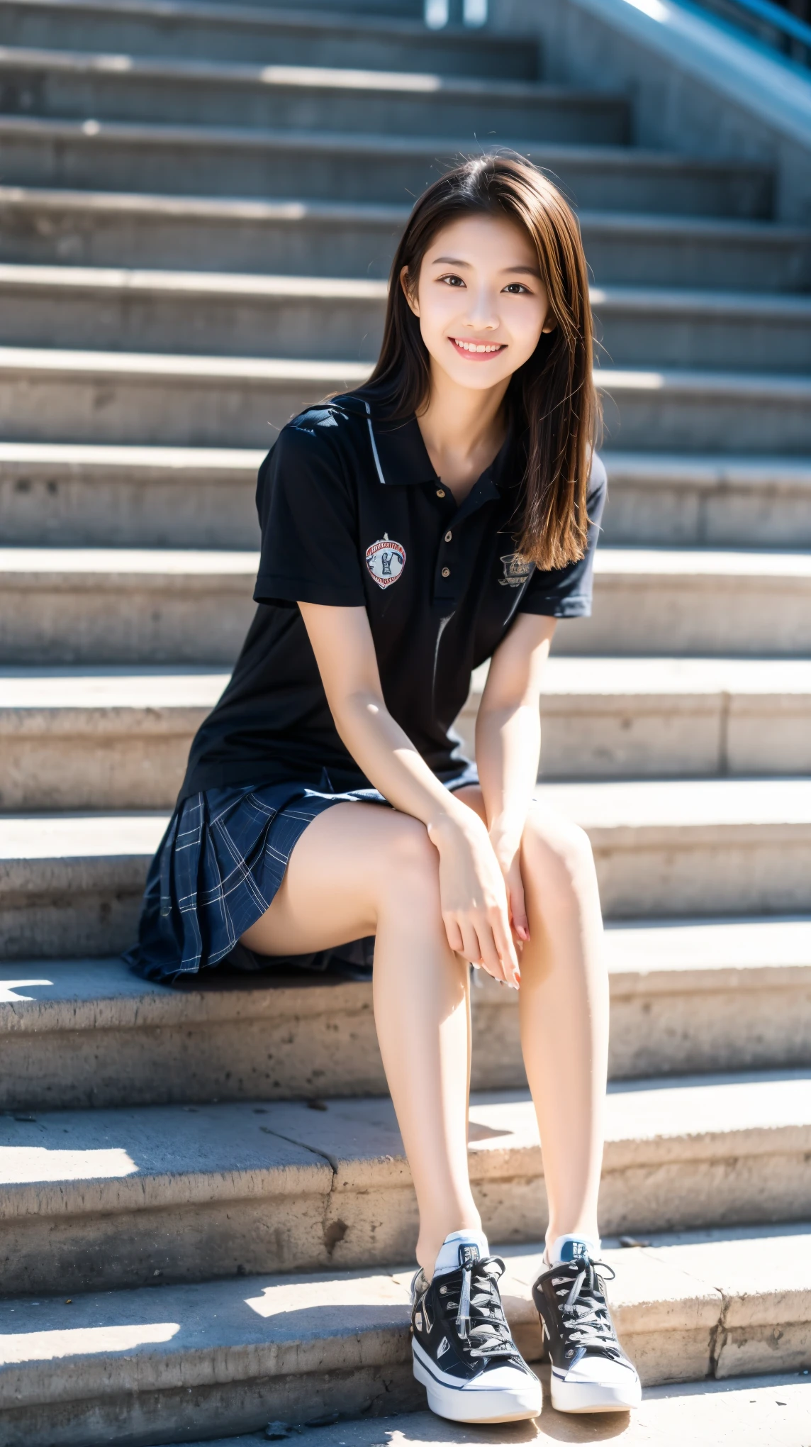 ((  masterpiece on penis )),((( top quality))), thin thighs , long legs , A girl in her first  of high school is standing on the steps of the school, white shirt, Blue and Red Plaid Mini Skirt :1.5, Best Smile ,Short-haired blonde:1.5， wears sneakers， Sitting down:1.5