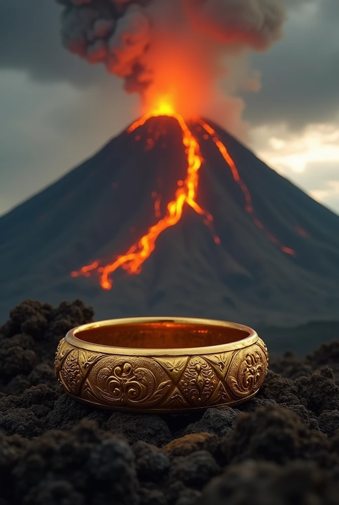 A dramatic scene inspired by The Lord of the Rings, featuring a volcano erupting in the background with lava flowing down its sides. In the foreground, a golden ring glimmers with intricate designs, symbolizing power and temptation. The atmosphere is dark and ominous, with ash and smoke billowing into the sky, casting a fiery glow on the landscape. Fantasy, epic, detailed, cinematic lighting