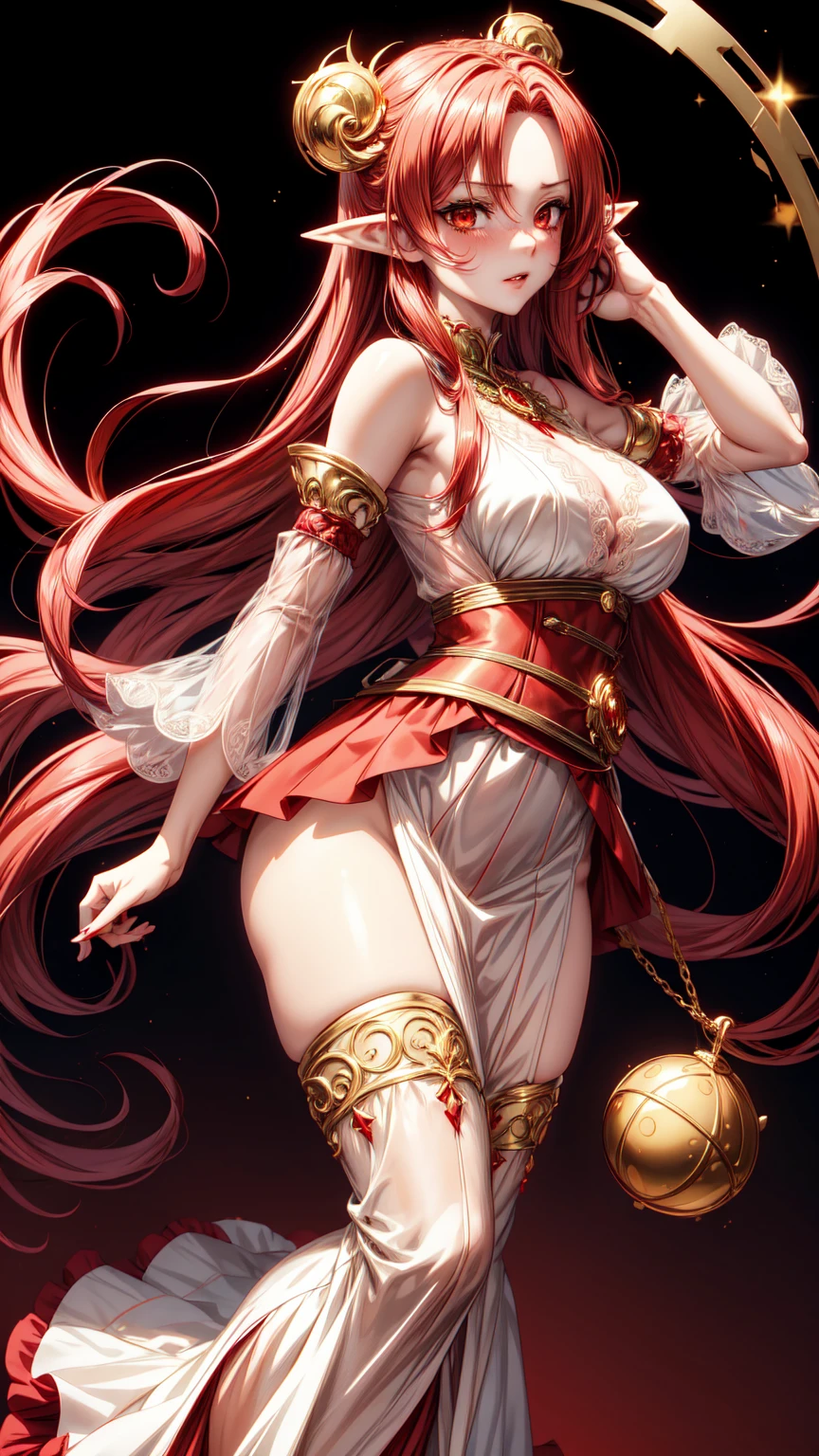 (1woman,full body,(Thin type),beautiful breasts,(large breasts:1.5),pale skin,pointy breasts,(erect nipples),sweat),((clothed:1.2),leather boots,(carbon white armor:1.5),(red embroidered white lace dress:1.5),(see through:1.2),(long silk sarong:1.5))),(((realistic),high resolution,best quality,masterpiece)),((extra long hair:1.5),hair blowing in the wind,Swept bangs,(extra light coppery red hair,white streaked hair:1.2,highlight color),hair over one eye),(stand facing forward:1.5),(battoujutsu stance:1.5,long spear),(beach,sunlight)