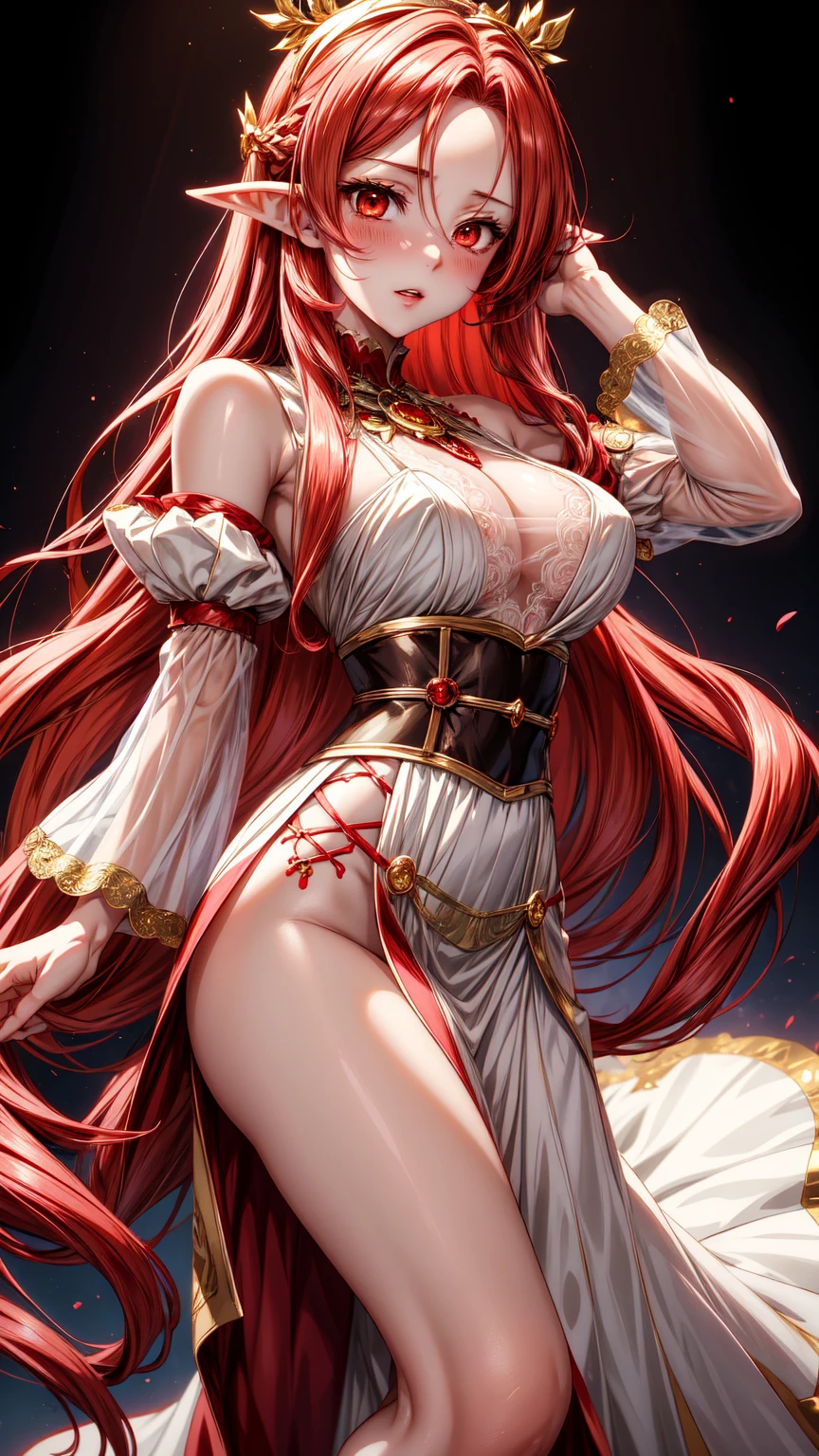red braids, long red hair, pink eyes, medium breast, white clothes, girl, adult, half-naked, small piece of transparent silk on the chest, bigger breasts