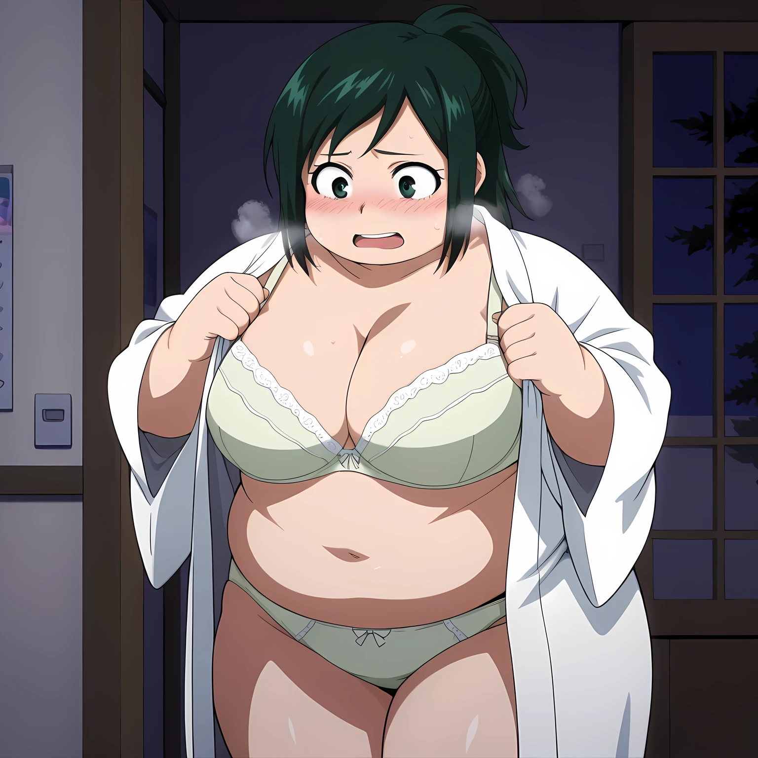 1girl,solo,mm,mature female,green hair,green eyes,ponytail,anime coloring,
white kimono,undressing, open kimono,bra,panties,cowboy shot, embarrassed, ryokan,indoors,night
,masterpiece,best quality,amazing quality, fat, chubby, obese, gigantic arms and legs, large breasts open mouth, out of breath