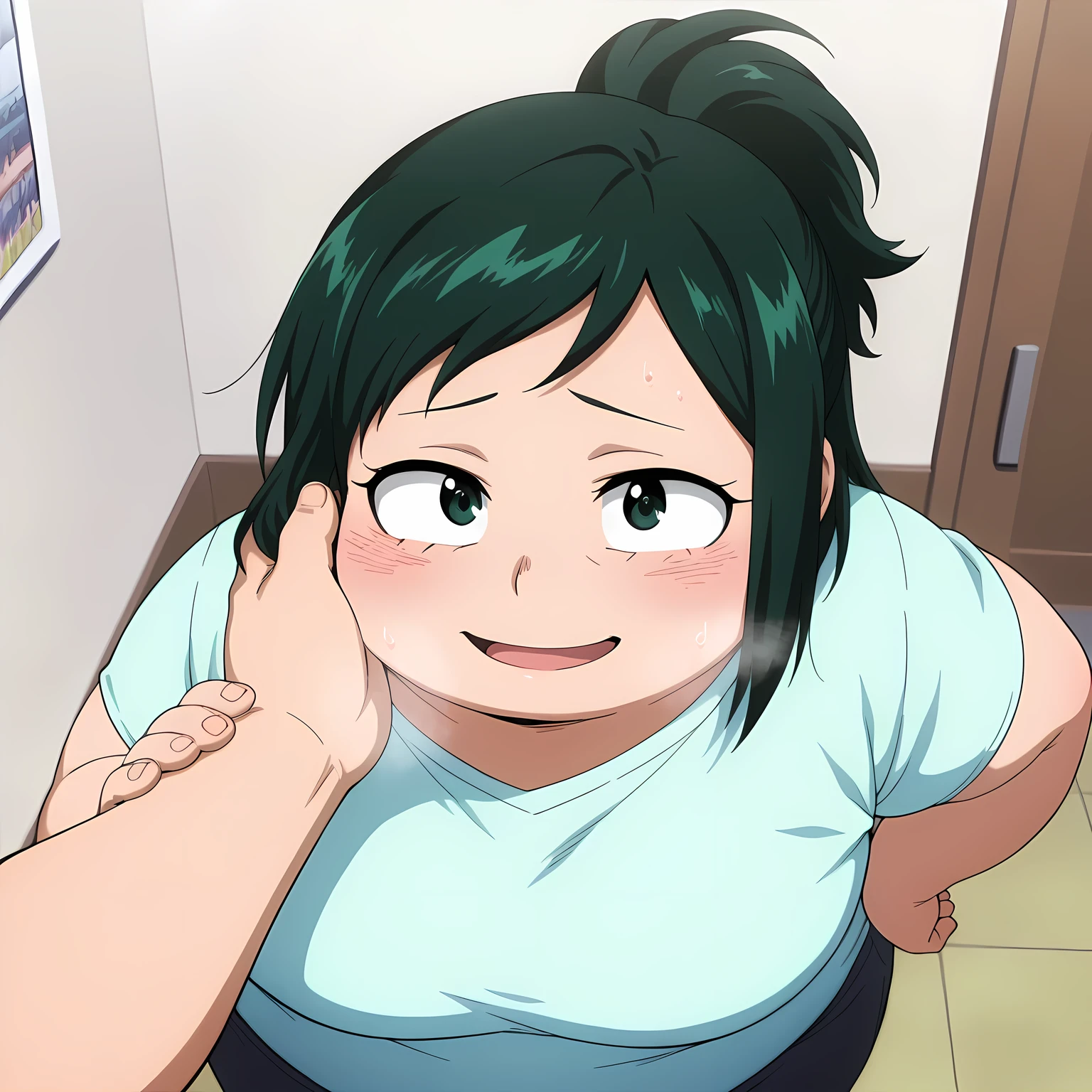 1girl,solo,mm,mature female,green hair,green eyes,ponytail,anime coloring,
shirt,pants,cowboy shot,hand on own hip, looking at viewer, smile,indoors,
,masterpiece,best quality,amazing quality, swollen face, fat, chubby, obese, open mouth, out of breath, absurdres, highres icon, rating:General, confused, blush, {flustered}, nervous sweating, portrait, pov hands, hand on another's cheek, averting eyes, [looking away], straight-on, from above,  upper body, masterpiece, best quality, ultra-detailed, high resolution, 8K, 