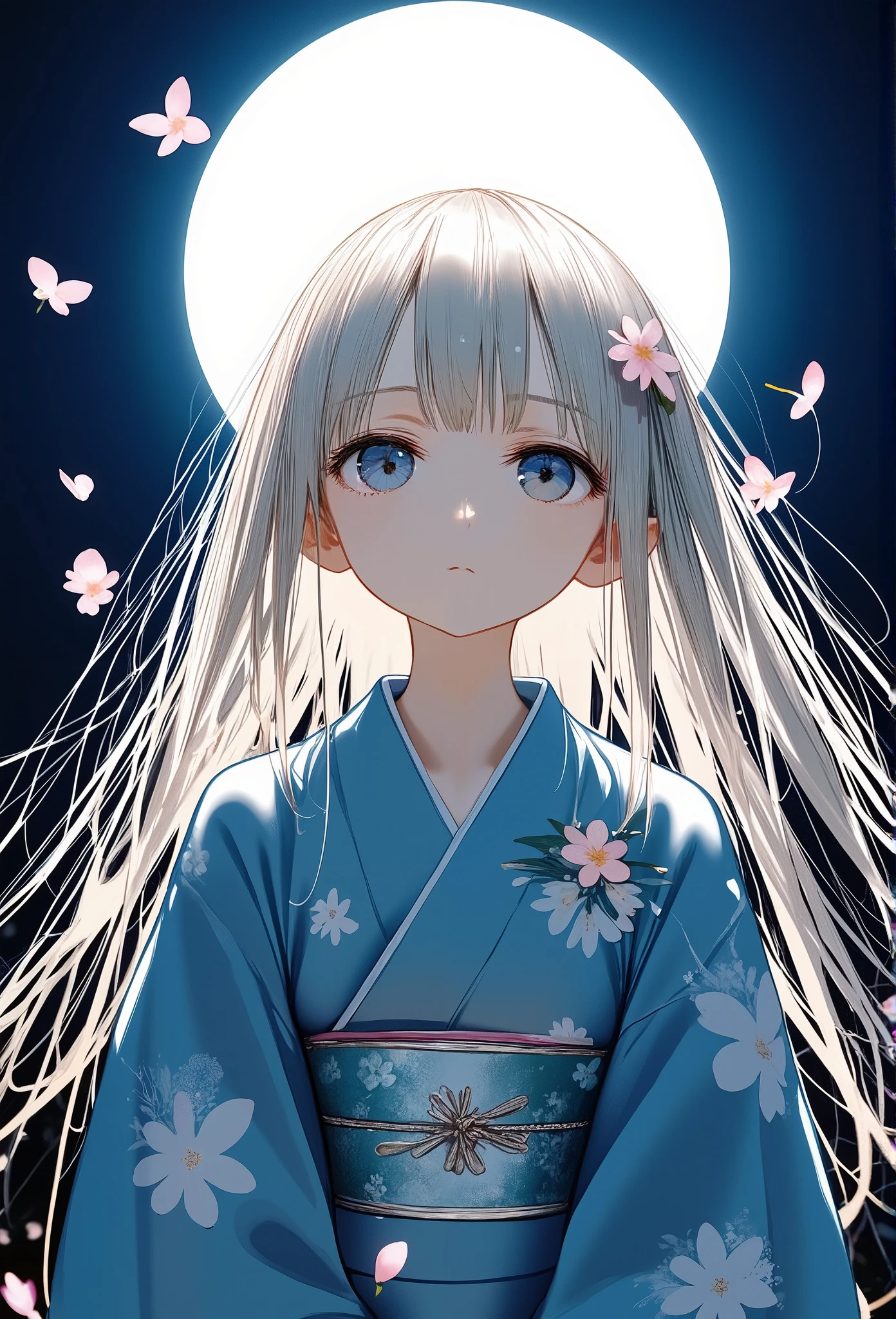 Surrealism,Charcoal Drawing,best quality,highly detailed,1girl,chibi,trk,wearing blue kimono,sakura flower patterns,flower hair ornament, floating hair,calm expression,night sky background,full moon,round frame,cherry blossoms,soft lighting,romantic atmosphere,intricate design