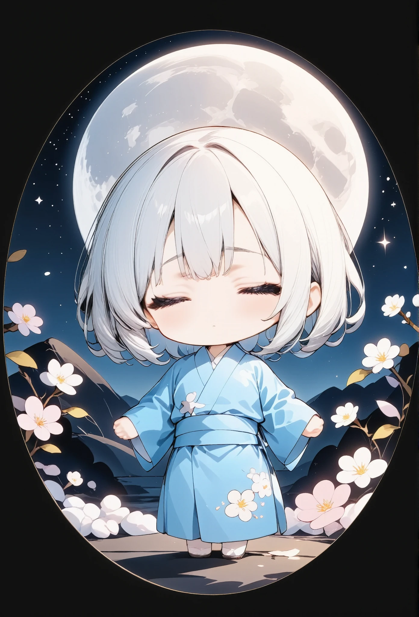 Surrealism,Charcoal Drawing,best quality,highly detailed,1girl,chibi,trk,wearing blue kimono,sakura flower patterns,flower hair ornament,calm expression,night sky background,full moon,round frame,cherry blossoms,soft lighting,romantic atmosphere,intricate design