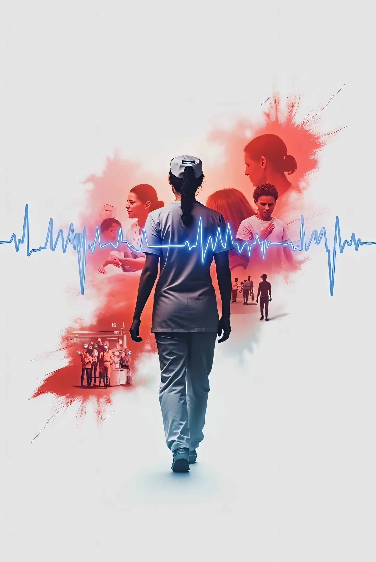 A cinematic poster of a healthcare worker wearing a Nurse and nurse cap, with a double exposure effect showing scenes of medical care and human compassion. The background features an abstract heartbeat line glowing in blue, connecting various moments: a nurses mens, and nurses womansr performing surgery, a patient being comforted, and medical staff rushing with a stretcher in a hospital hallway. The composition is dramatic and emotional, with cool tones of blue and white dominating the scene, creating a professional yet heartfelt atmosphere"