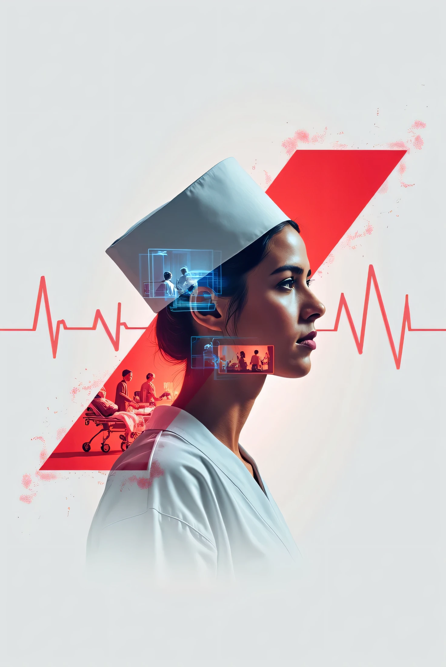 A cinematic poster of a healthcare worker wearing a Nurse and nurse cap, with a double exposure effect showing scenes of medical care and human compassion. The background features an abstract heartbeat line glowing in blue, connecting various moments: a nurses mens, and nurses womansr performing surgery, a patient being comforted, and medical staff rushing with a stretcher in a hospital hallway. The composition is dramatic and emotional, with cool tones of blue and white dominating the scene, creating a professional yet heartfelt atmosphere"