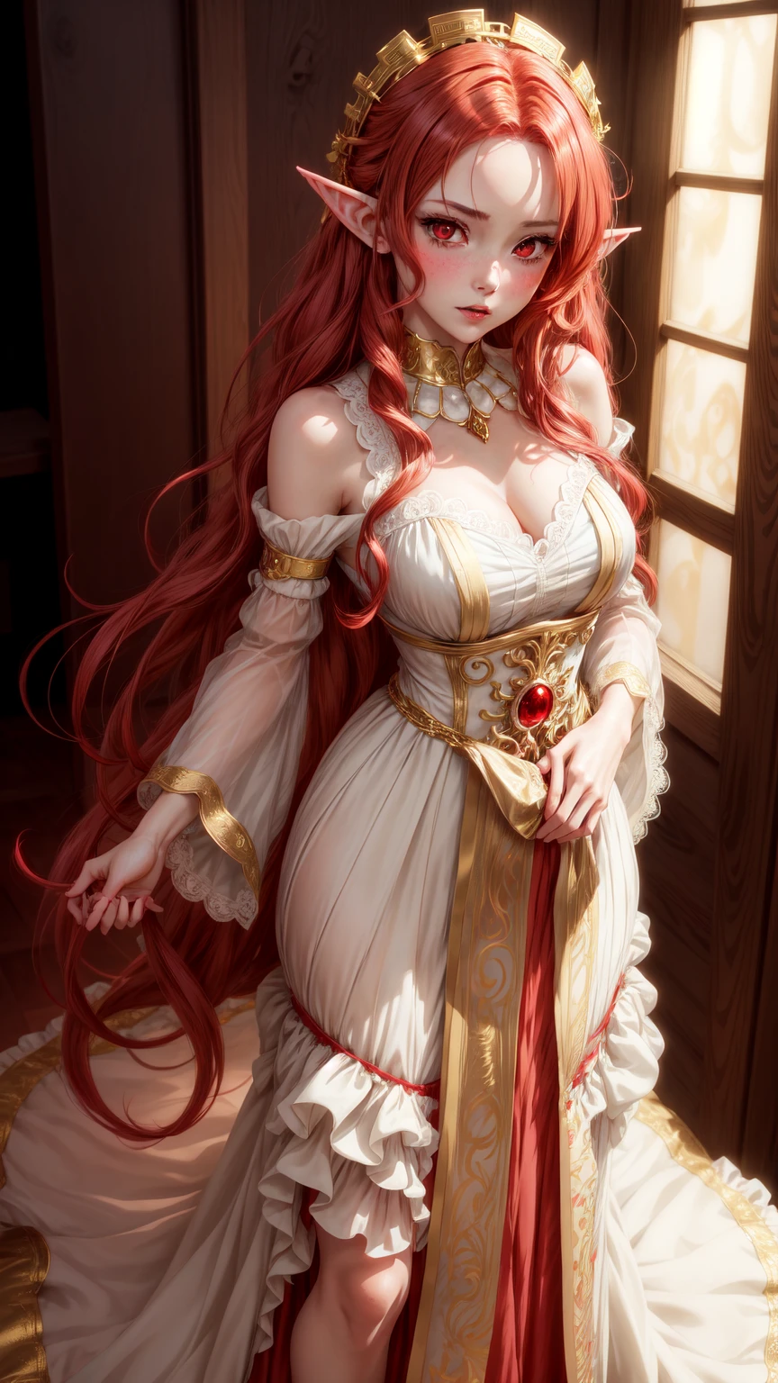 (masterpiece, best quality, high quality, high resolution: 1.4), detailed, extremely detailed, soft ambient lighting, 4K, ornate,

Indoors, (Renaissance, Vintage:1.4), Plants, Window,

1Gril, (Solo:1.4), Standing, Upper Body, (Face Focus:1.2),

(Extremely Detailed Hair: 1.2), Red hair, Long hair, highlights in the front,

Expressionless, emotionless, (red eyes, piercing gaze, contempt, disgust, staring at viewer: 1.2),

curvy, medium breasts, skindentation,

(flower ornament on the side of the head :1.2), (feathered collar, Strapless, White dress, Short dress, black tights:1.2),