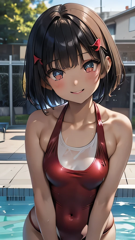 very cute and beautiful girl,(highly detailed beautiful face and eyes),(red and white gymnastics leotard:1.2),sleeveless,(smile),blush,
standing near training mat in wooden gym,arms behind back,cowboy shot,hair band,black hair,looking at viewer,
(best quality,masterpiece),absurdres,highres,ultra-detailed,extremely detailed,32k,8k resolution,
intricate details,cinematic scene,detailed background,solo,dynamic angle,