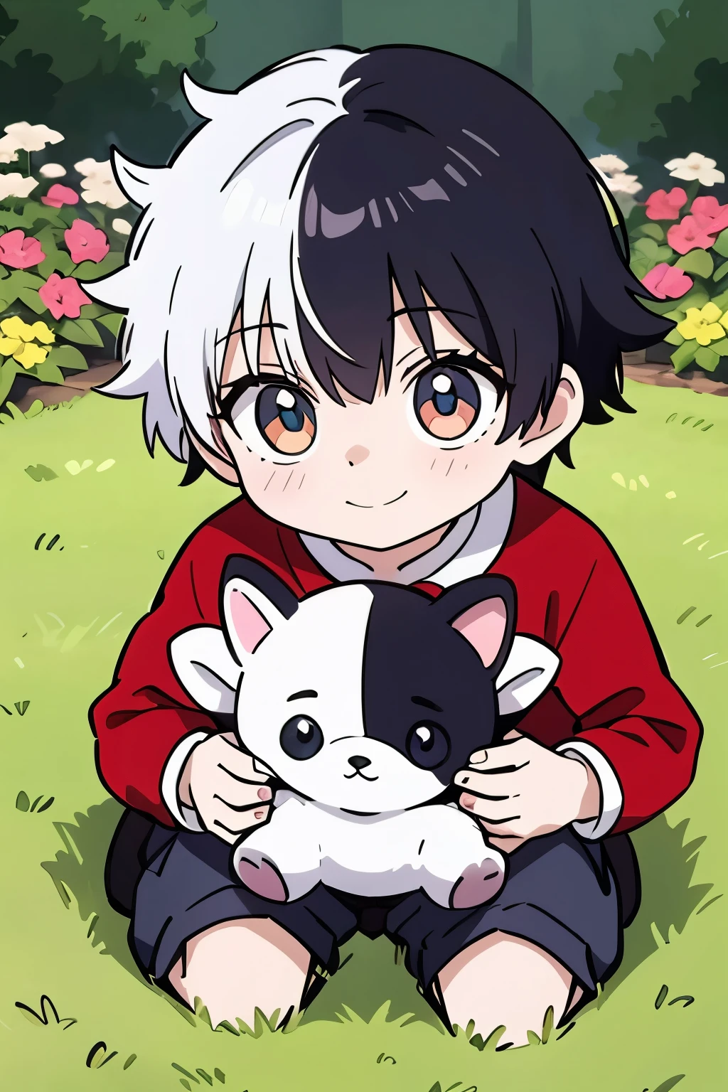 (high-quality, breathtaking),(expressive eyes, perfect face) portrait, Symmetrical Eyes, 1boy, solo, 1 , black and white hair, red coloured eyes, medium hair, spiky hair, fluffy hair, young face, red shirt, black shorts, cute smile, dog plush, two tone hair, half black half white hair color, multicolored hair, black hair, white hair, garden, grass, flowers
