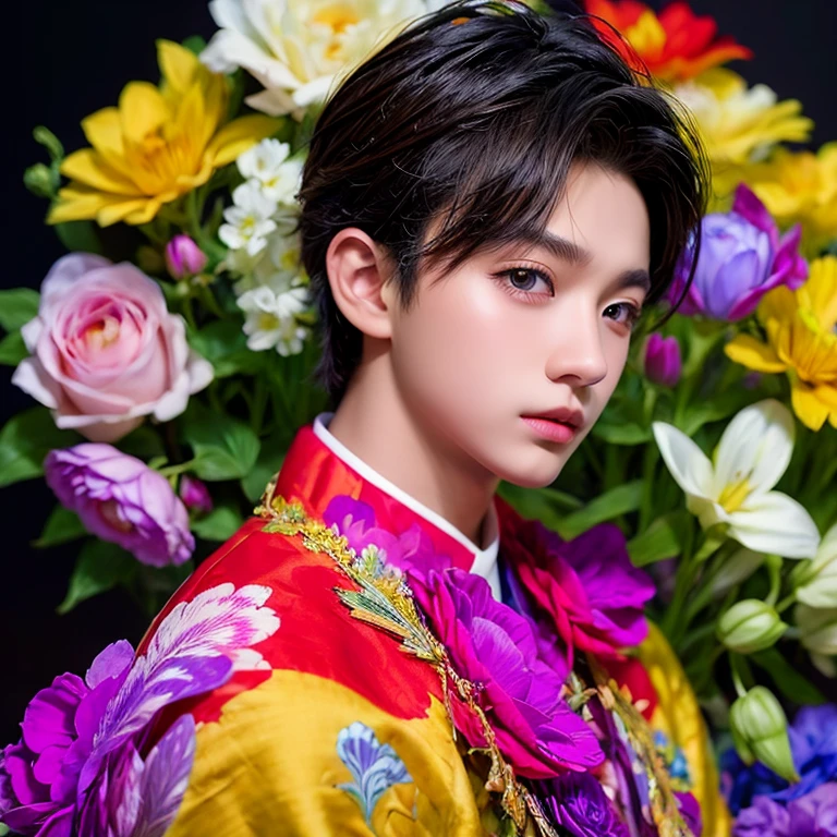  1 boy,  masterpiece ,  High quality ,  top quality  ,  official art  ,  beautiful and aesthetic ,  1 boy ,  very detailed ,flowers,  fractal art  , Colorful ,  highest detail 