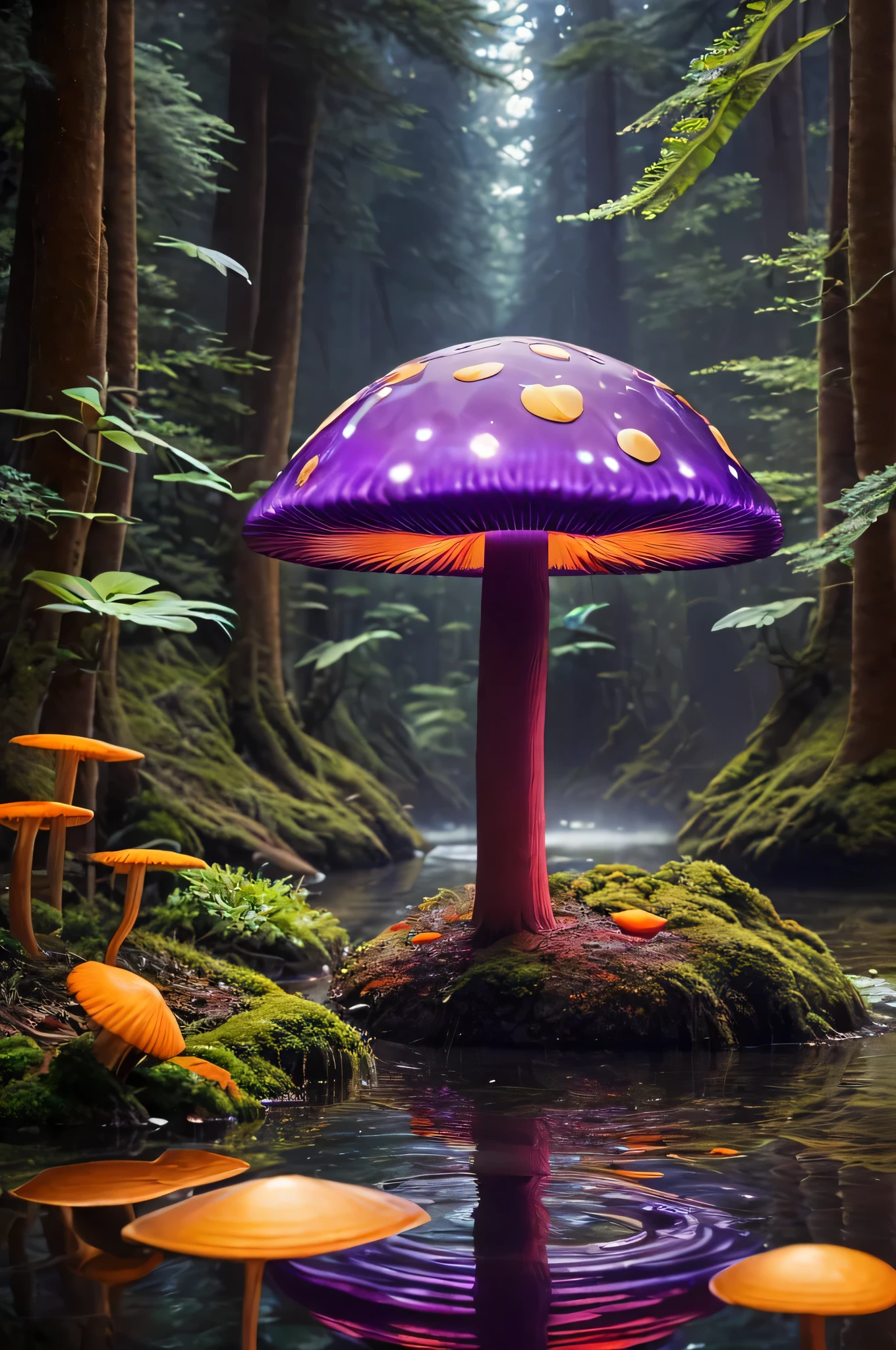 Imagine a large purple-orenge-gold luminous mushroom in the middle of an ominous forest full of strange plants and clear water,Viewed at the same level, the mushroom is in the center of the image and at the bottom same level view , volumetric, cinematic lighting, very high quality