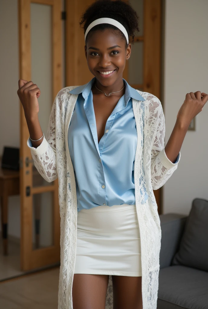 Asha, 1girl, solo, (((Ebony))), (((Dark skin))), (((SFW))), 30 years old, (mature), fully naked, capturing a selfie, taking a selfie shot, smiling, ((wearing a blue blouse))