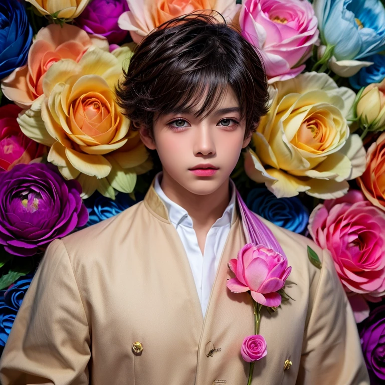  1 boy,  masterpiece ,  High quality ,  top quality  ,  official art  ,  beautiful and aesthetic ,  1 boy ,  very detailed ,flowers,  fractal art  , Colorful ,  highest detail 