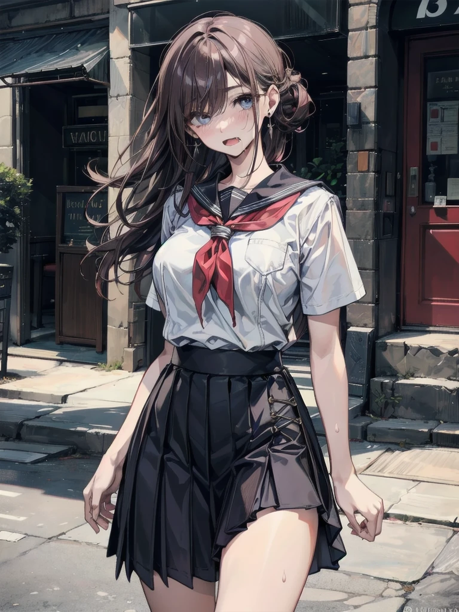 (masterpiece), mature school girl, sexy, posterior, floral lace undies, natural light, photorealistic, cameltoe, diffused light, depth of field, white skirt, steam, (lift skirt), (urination), lifelike , peeing