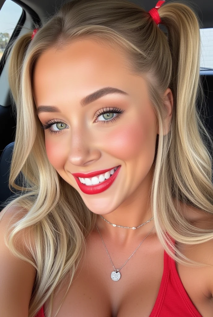 college cheerleader, age 25, sexy, smiling, red lips, athletic bodytype, ribbons in her hair, blonde hair, blue eyes, red uniform, laughing, instagram selfie