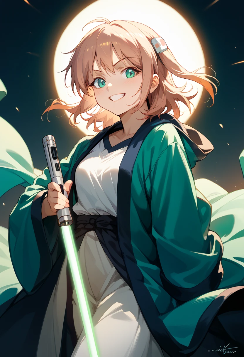 masterpiece, high definition , top quality,8k(chika)
(green Lightsaber, Robe) grin 