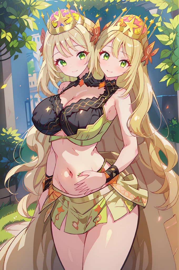 (masterpiece, best quality), best resolution, (3heads:2.0), 1girl, golden yellow hair, long flowing hair, smiling, seductive smile, open belly, light green-black crop top, light green-white miniskirt, (wearing a crown/tiara:1.5), revealing princess attire, open breasts, big breasts, very huge breasts, black headband, gold eyes, detailed eyes, golden-yellow eyes, alluring presence, (castle gardens background),
