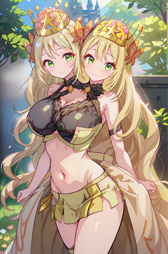 (masterpiece, best quality), best resolution, (3heads:2.0), 1girl, golden yellow hair, long flowing hair, smiling, seductive smile, open belly, light green-black crop top, light green-white miniskirt, (wearing a crown/tiara:1.5), revealing princess attire, open breasts, big breasts, very huge breasts, black headband, gold eyes, detailed eyes, golden-yellow eyes, alluring presence, (castle gardens background),
